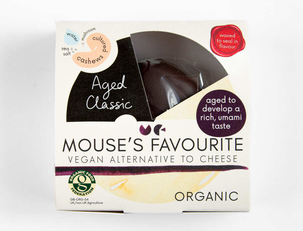 Aged Classic vegan cheese by Mouse's Favourite packaging photographed from the front to show the front label information