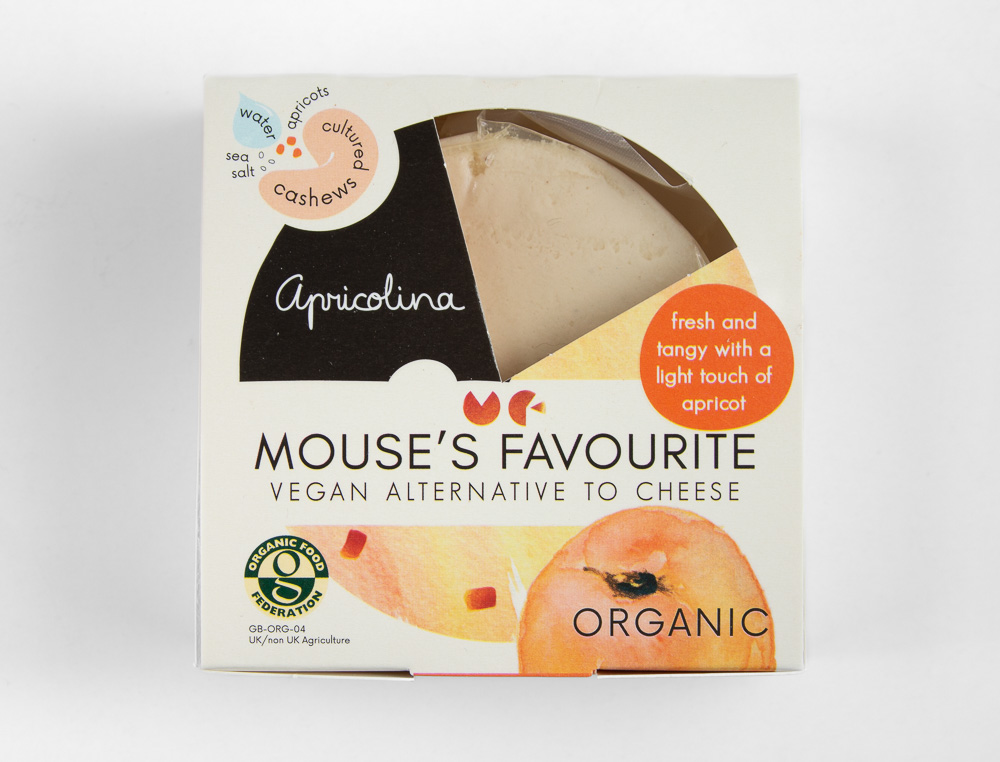 Apricolina vegan cheese with apricots by Mouse's Favourite packaging photographed from the front to show the front label information