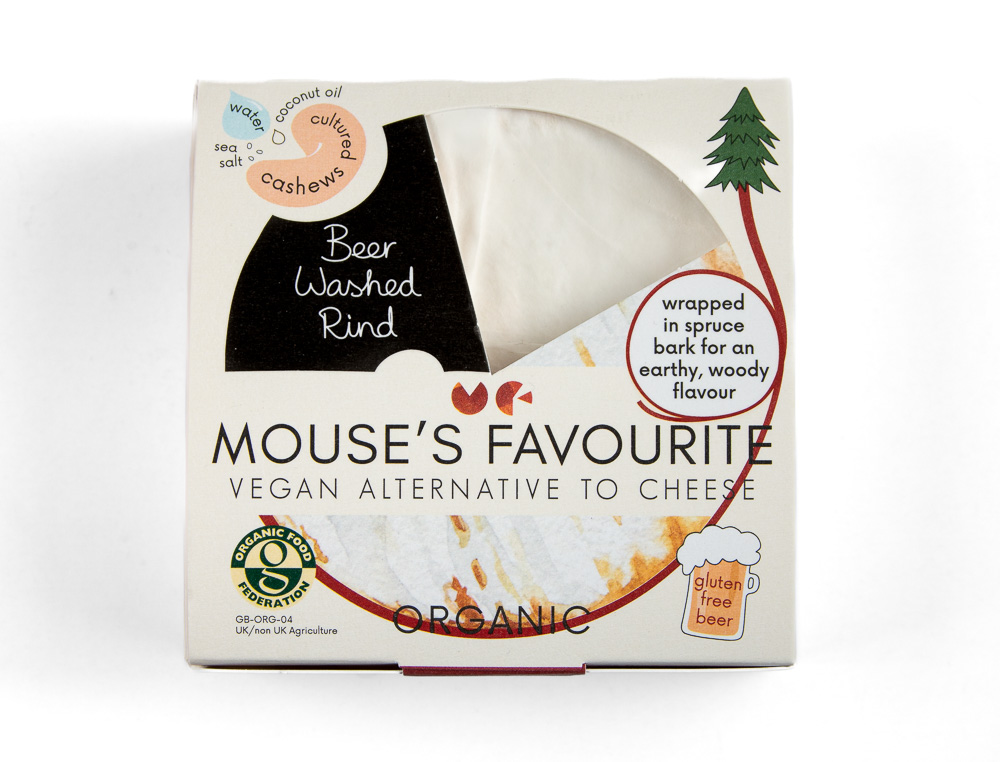 Beer-washed rind vegan cheese by Mouse's Favourite packaging photographed from the front to show the front label information