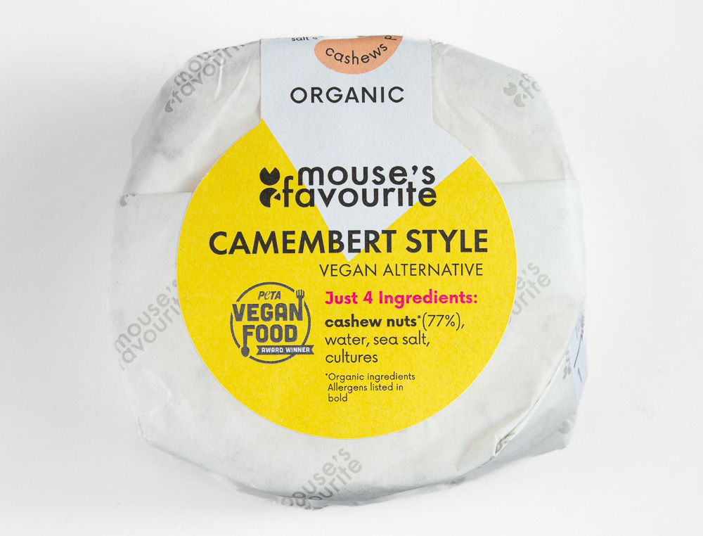 Camembert style vegan cheese by Mouse's Favourite packaging photographed from the front to show the front label information
