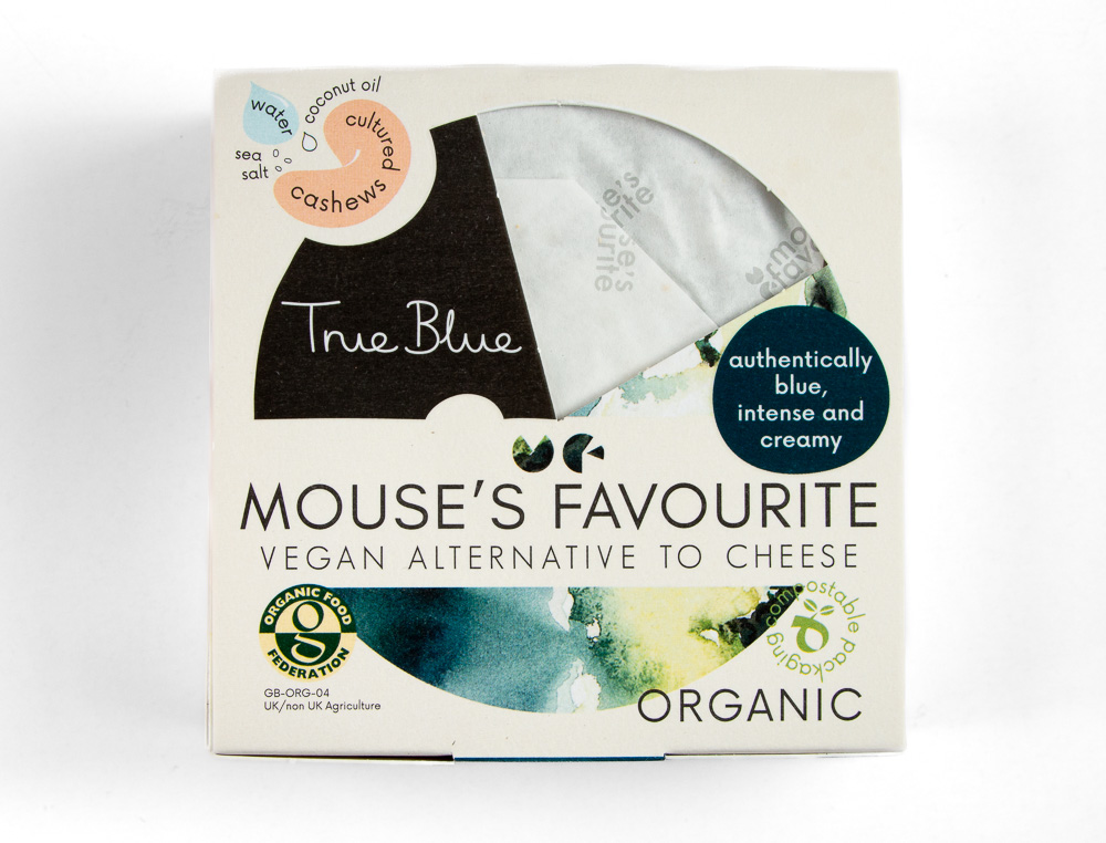 True Blue vegan cheese by Mouse's Favourite packaging photographed from the front to show the front label information